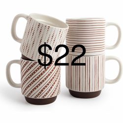 DOWAN Stackable Coffee Mugs, 12 oz Ceramic Coffee Mug Set of 4, Coffee Cups with Geometric Patterns for Latte, Cappuccino, Cocoa, Dishwasher & Microwa