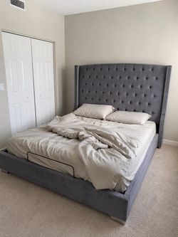 Queen bed frame velvet gray