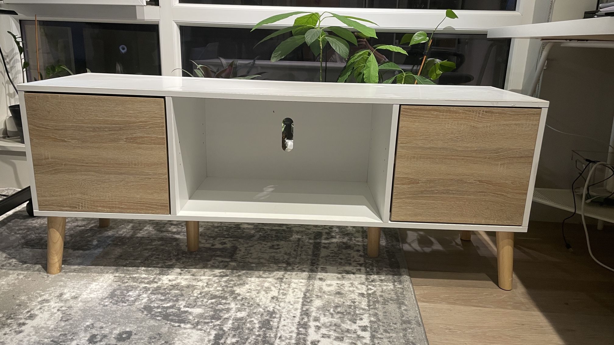 TV Stand for TVs up to 75 inches, Wood TV Console Media Cabinet with Storage, Entertainment Center for Living Room Bedroom, White and Oak, 70 inch