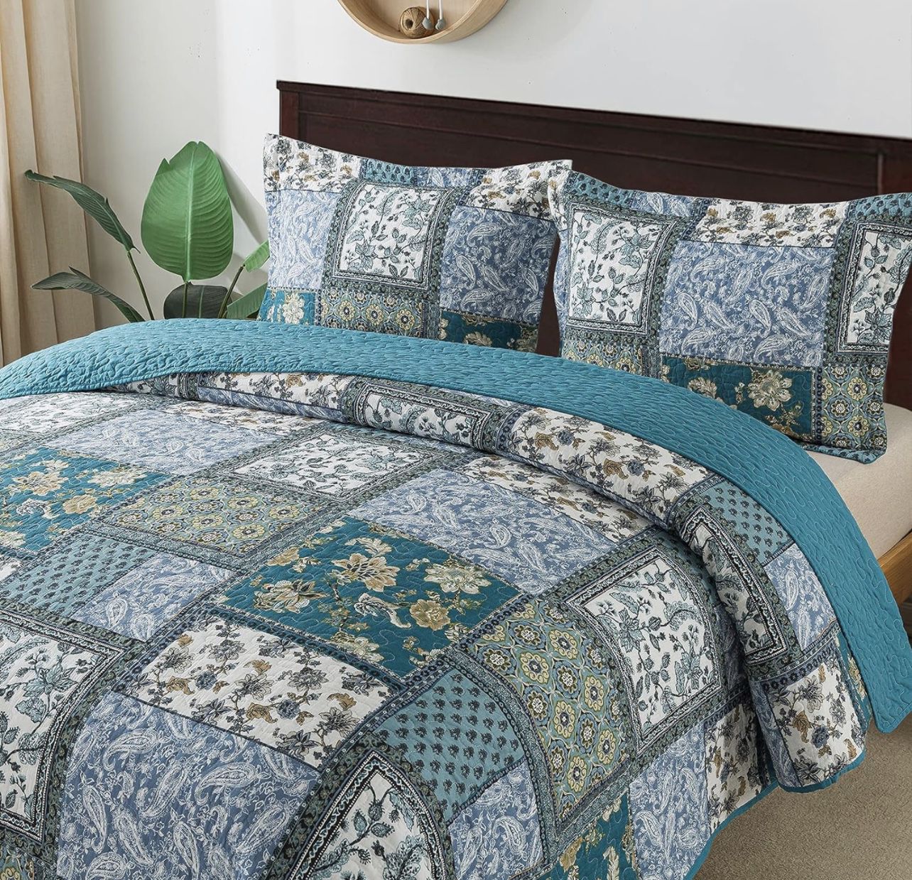 Cotton Bedspread Quilt Sets-Reversible Patchwork Coverlet Set, Chic Floral Paisley Pattern, King Size