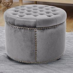Gray Tufted Round Ottoman 