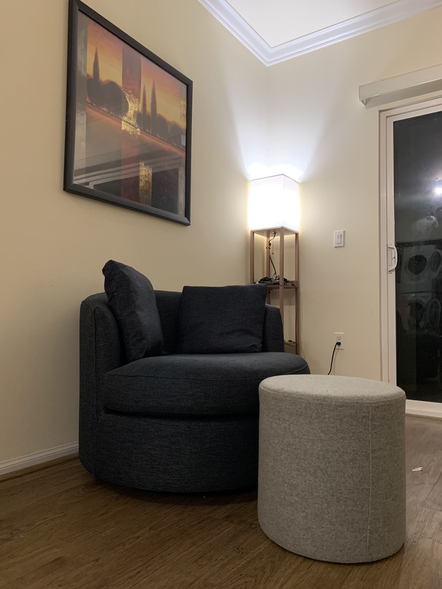 Crate & Barrel Tillie Swivel Chair in Darius Navy + FREE Blu Dot Footstool