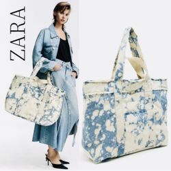 New Zara Denim Bleach Blue White Tie Dye Maxi Tote Oversized Shoulder Bag XL