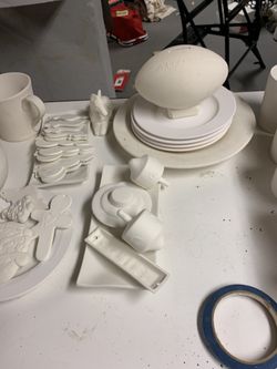 Bisque raw assorted items : Mugs platter Christmas ornaments etc.