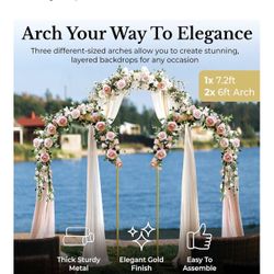 Metal Arch Backdrop Stand and Cover Set – 3 Gold Frames (7.2ft, 6ft x2) with White Wrinkle-Free Spandex Covers, Water Weights, Bags & Case – Wedding, 