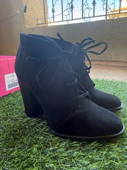 New York Transit Co. "Jasmina" Black Suede High-Heel Tie-Up Booties (Size 7.5)