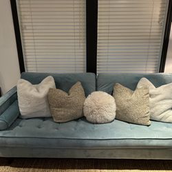 Blue Velvet Sofa With Pillows 