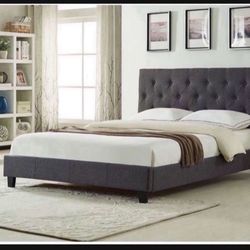 Brand New In Box Queen Size Dark Grey Linen Upholstered Bed With Mattress. Assembly Required, We Can Deliver, Cama Con Colchon.