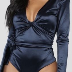 Fashion Nova Navy Satin Bodysuit