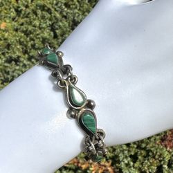 vintage 925 sterling silver   teardrop malachite Bracelet 