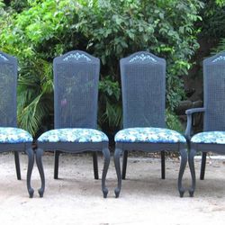 Vintage Cane Back Solid Wood Black Chalk Painted Dining Side Chairs

