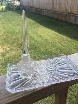 Vintage perfume bottle with crystal stopper and tray