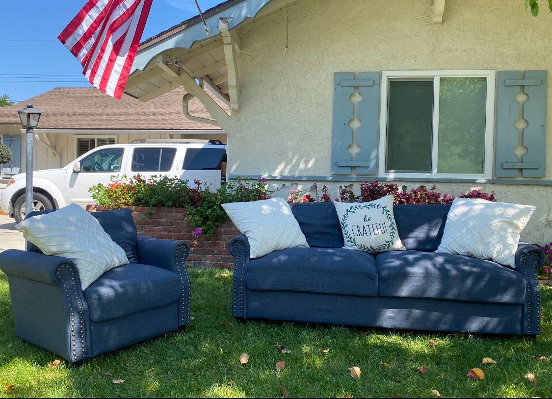 Dark Blue Nailhead Sofa & Chair | $195