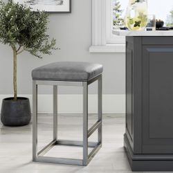 NEW! Nathan James Nelson Bar Stool with Leather Cushion and Metal Base, 24", Gray/Stainless Steel