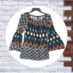 Win Win Multicolor Aztec, Geometric, Southwest Designs Bell Sleeve Tunic Women Small-Medium