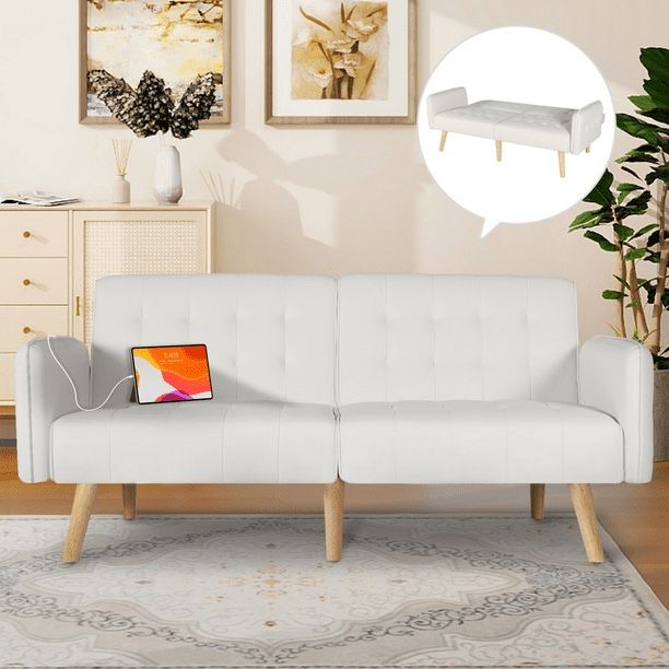 65" W Folding Futon Couch Sofa Bed w/ 2 USB Charging Ports, White