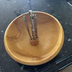 Wooden Bowl W/Nut Crackers and Picks 
