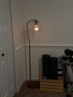 Gold Arc Floor Lamp with Glass Globe Shade & Wood Base
