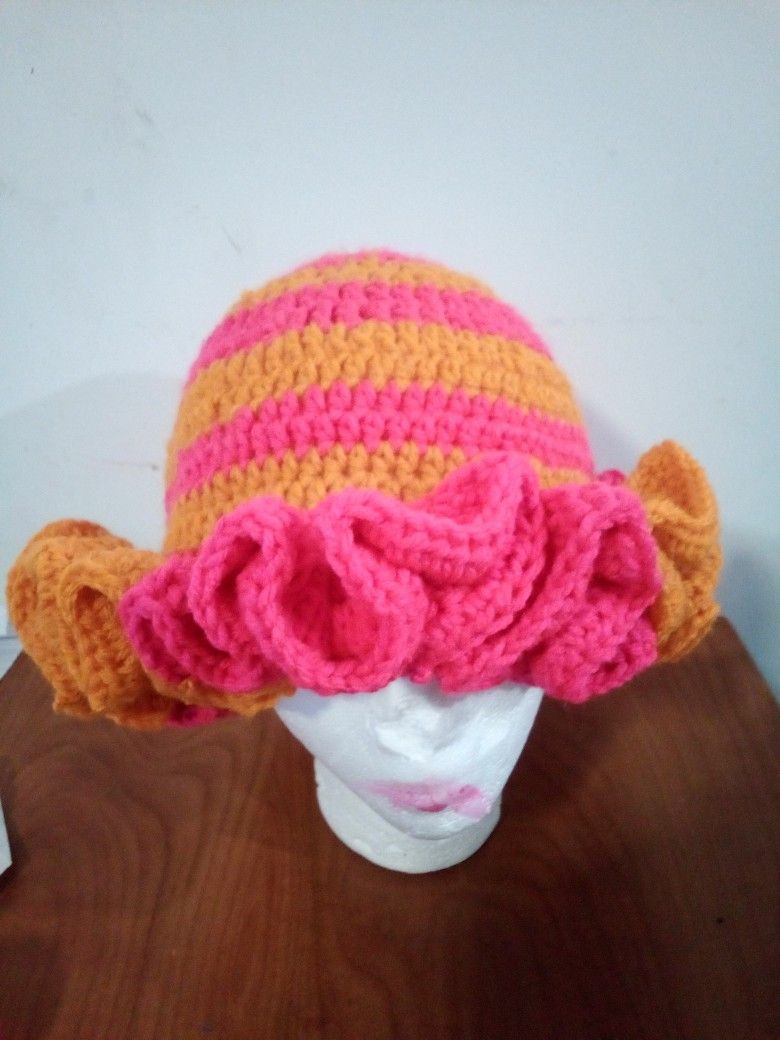 Orange And Pink Ruffle Hat 