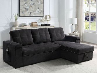 95" Black Woven Reversible Sleeper Sectional Sofa with Storage Chaise Cup Holder Charging Ports and Pockets