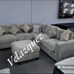 ✅️✅️ 4pc  for grey corduroy fabric upholstered sectional sofa with ottoman ✅️✅️