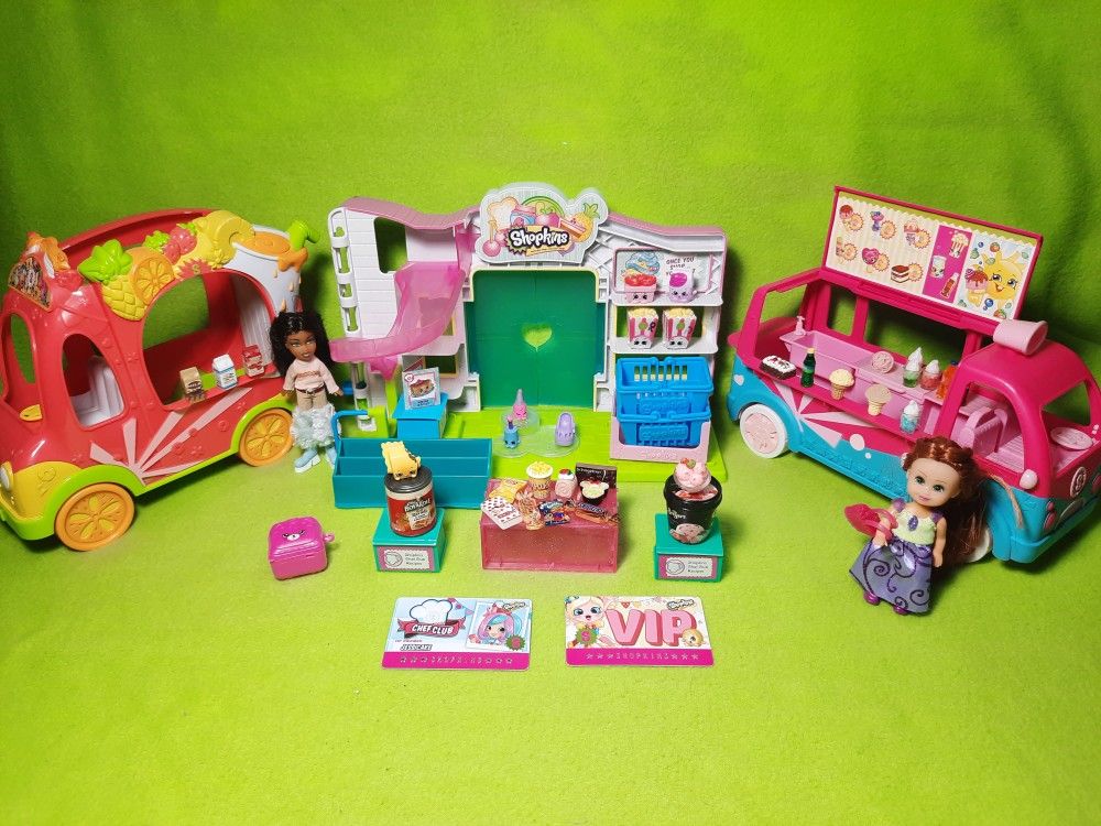 Shopkinz Grocery Store + 2 Food Trucks + Building Block Set + Figures
