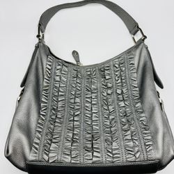 TAHARI GRAY SILVER RUFFLED LEATHER HANDBAG SHOULDER BAG GENTLY USED