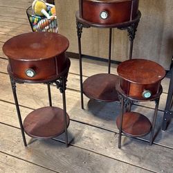 3 Set Table Antique Vintage Wood And Metal With Drawer 