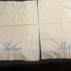 Vintage Pair White Pillowcases Mother Father Embroidered Blue Cursive 30x20”