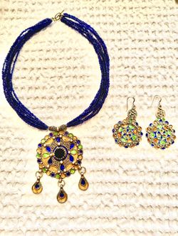  Set Necklace And Earrings  Sterling  Silver Morocco  Blue, Beige Green Tones 