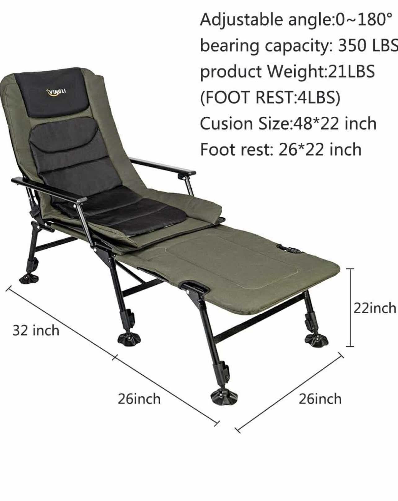 NEW IN BOX -VINGLI Heavy Duty Fishing Chair with Footrest Support 440 LBS, Oversized Camping Chairs with 160° Adjustable High Back, Beach Chair for Ou