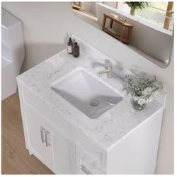 ☀️#3022 30 in. W x 22 in. D Engineered Stone Rectangular Single Sink Vanity Top in Carrara White Wit