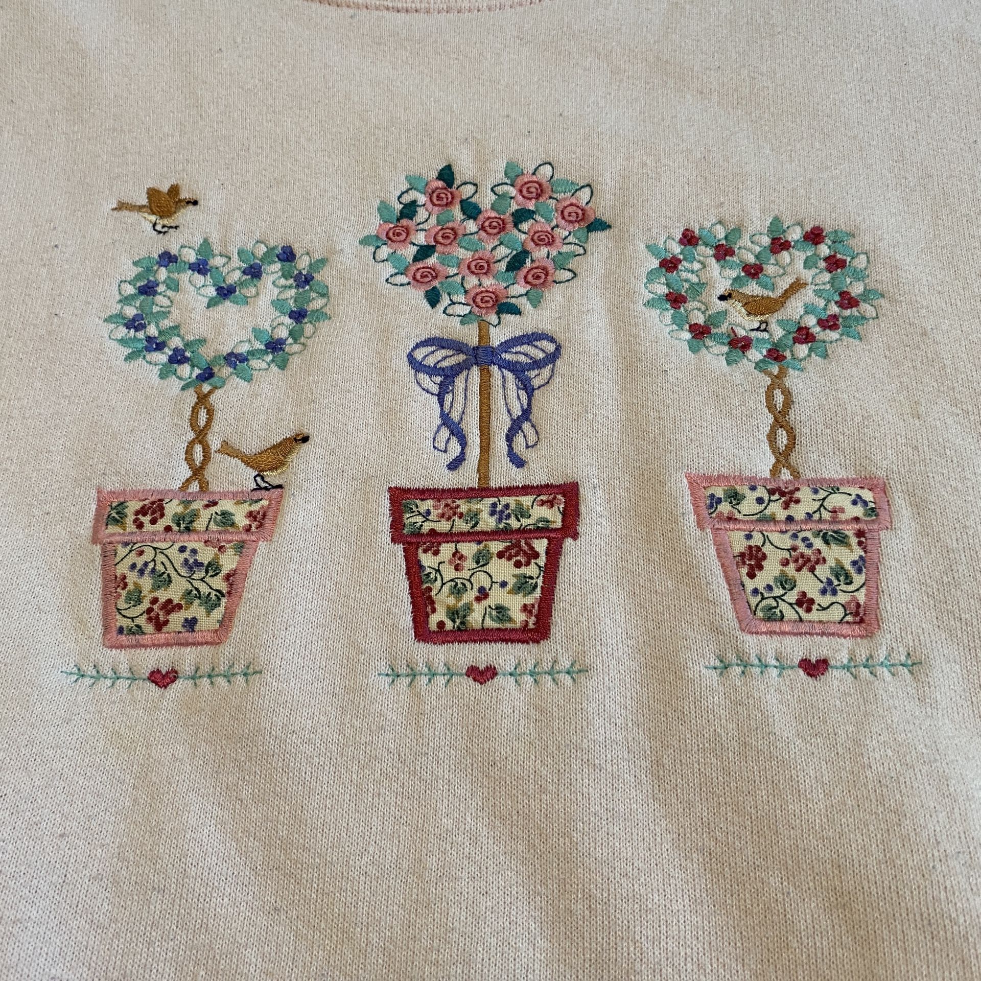 VTG Top Stitch Morning Sun Pink Sweatshirt Heart Shrubs Grandma Sweater USA L