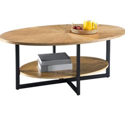 JESONVID Solid Wood Oval Coffee Table with Cross Metal Legs, 43.3in Modern Industrail Center Table with Open Shelf Cocktail Tea Table for Living Room 