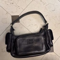 Miu Miu Black Leather Shoulder Bag with Front Pocket