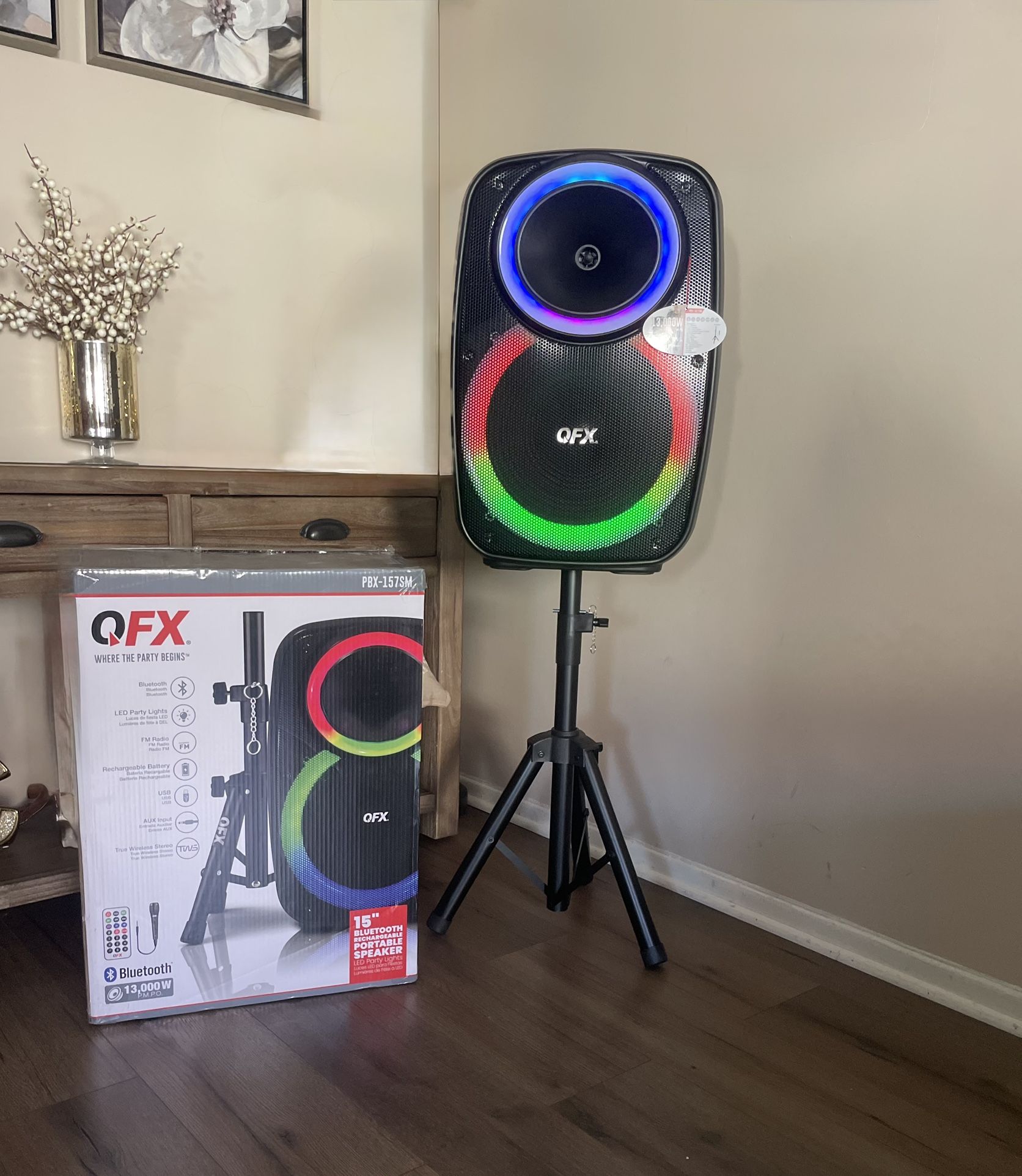 QFX 15” Bluetooth Rechargeable Party Speaker with Microphone , LED Party Lights  & Stand Included 🔊🎤🎶🔊🎶🎶  Brand new 