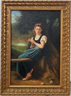 Framed Painting of The Knitting Girl