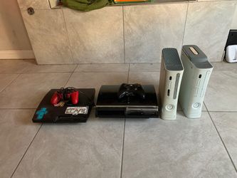 I first generation ps3 and 2 white Xbox 360 first and second generation