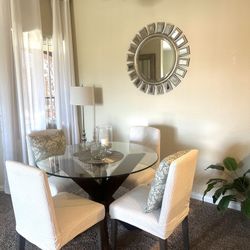 Dining Table Round Glass 42" w 4 Upholstered Chairs