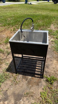 Modern stainless steel workstation, utility sink and faucet set