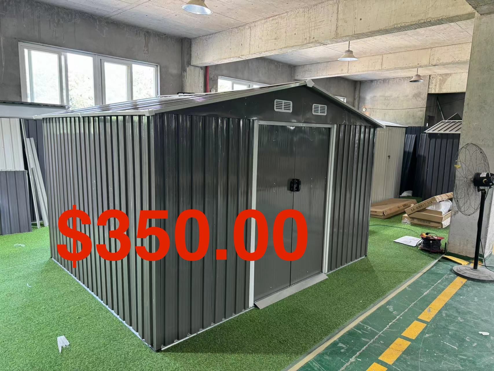 Sales $350.00!!! (New in box) 8’ L x 10’ W x 6.’ H galvanized steel Metal Storage Shed Outdoor Garden Backyard 8’x10’ Storage.