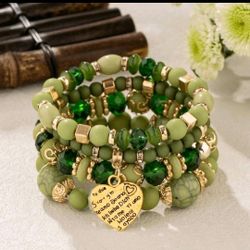 4 Pcs Atmospheric Retro Bohemian Bracelet Set – Layered Beaded Stretch Green  