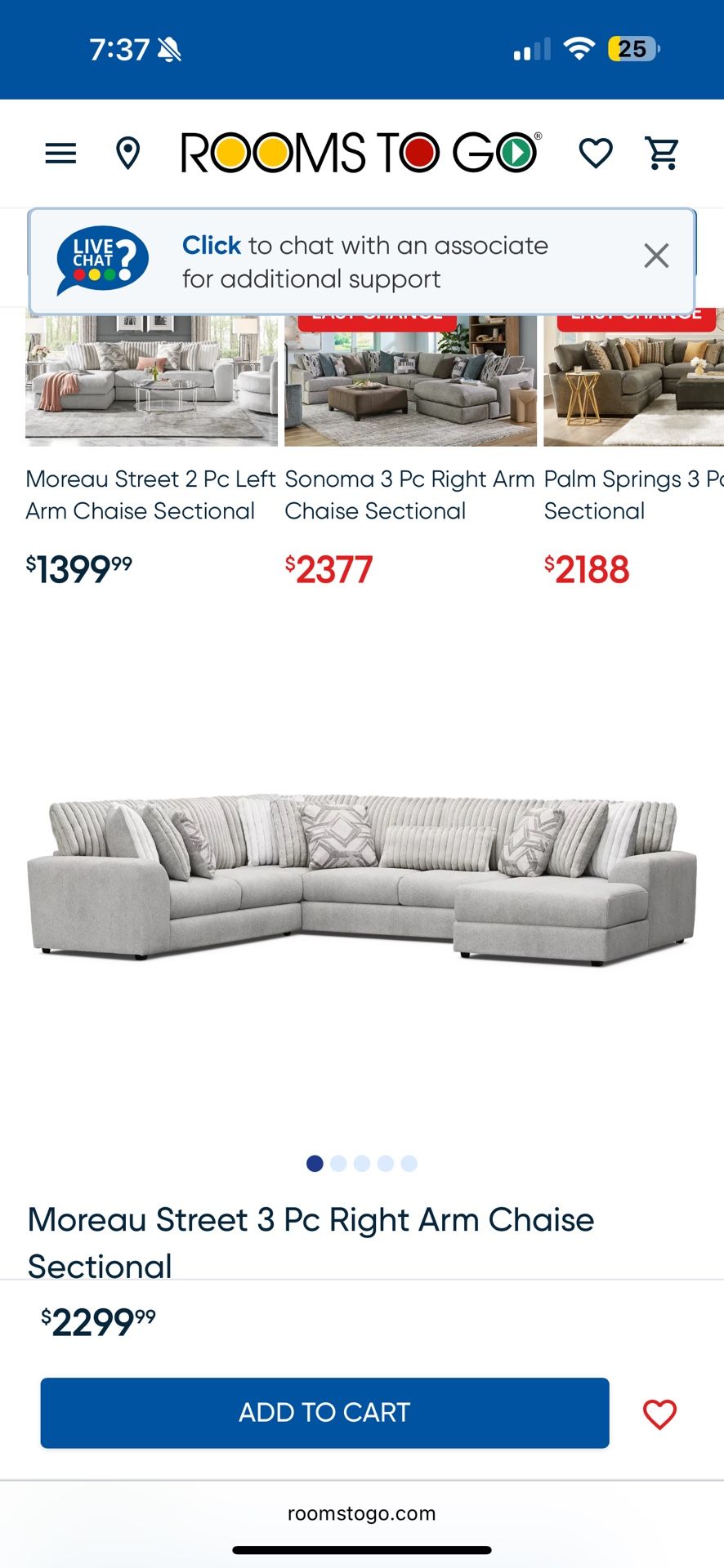 3 Piece Rooms To Go RAF Sofa Gray