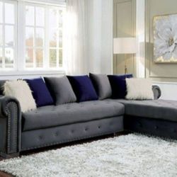 Brand New Glam Gray Velvet Luxury Sectional Sofa Pillows Included
