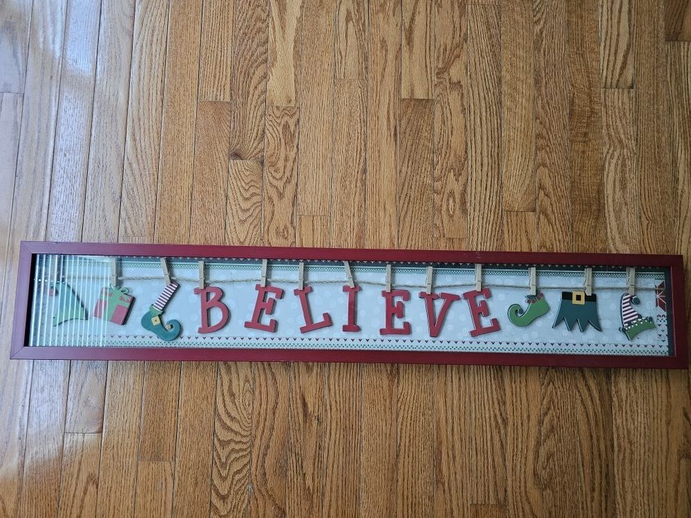 $25.00 - 41" Christmas "BELIEVE" Wall Art!  Elves Design Accents/Gorgeous 3D Design Artworks/Real Rope Accent - Like New From Kirkland!