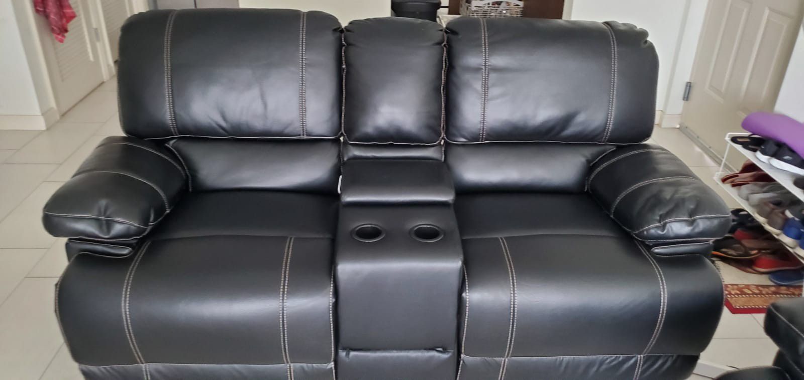 Power reclining love seat with free king mattress and iron bed frame