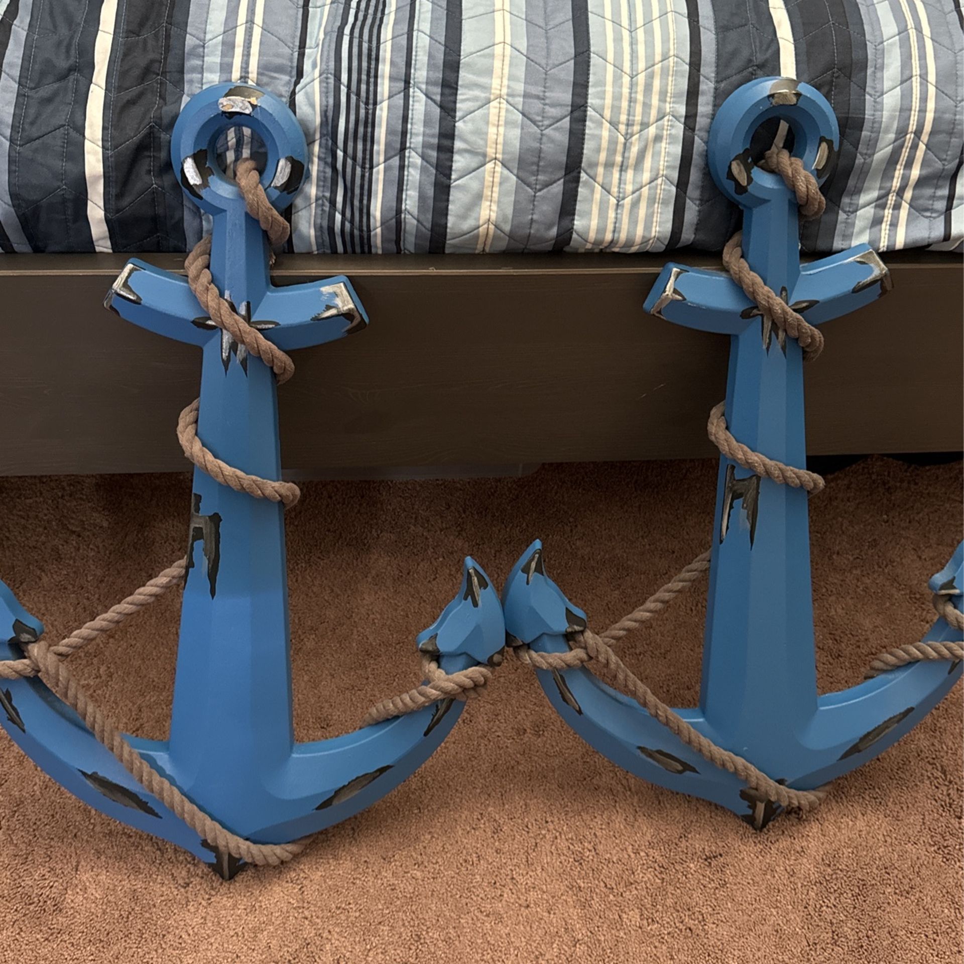 2 Wooden Blue anchors Nautical Theme Wall Decor