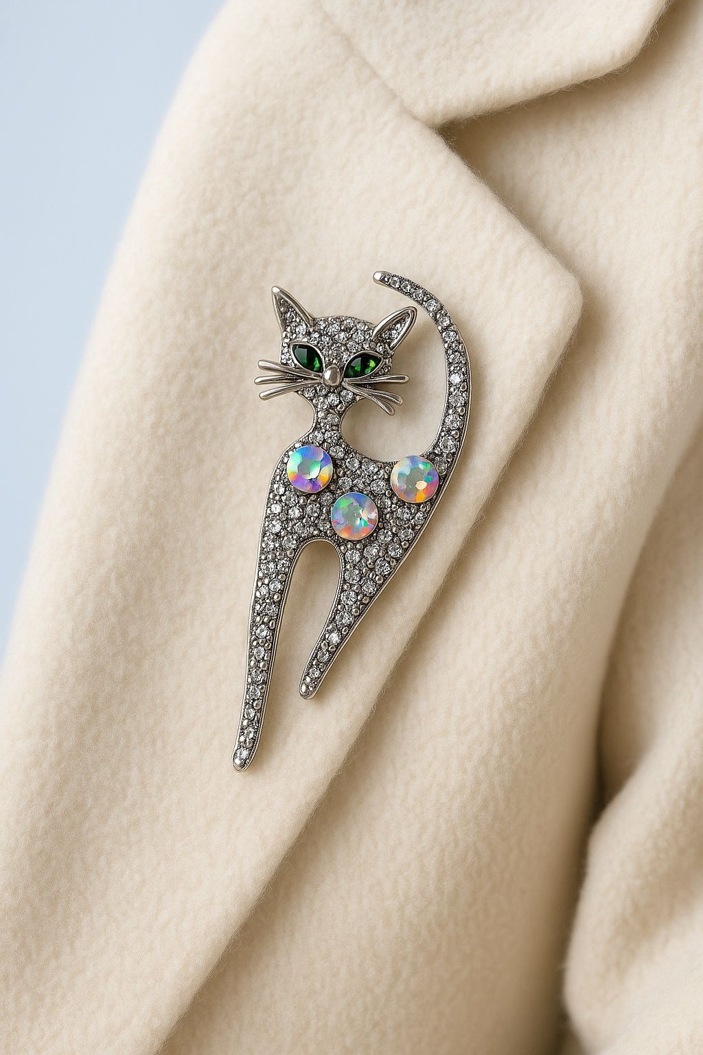 JJ Fantasia 1990s Cat Brooch Silver & Aurora Borealis Rhinestones, NWT, 1.5x2.75”