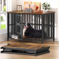 Foldable Dog Crate Furniture for Large Dogs, Rustic Brown (DC108) 35-60 LBS, Dog Cage with Adjustable Bowls and Name Tag, No Assembly Decorative Woode
