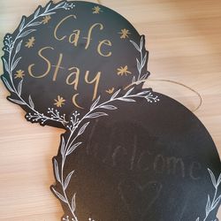 Two Round, Black Chalkboard Signs Thumbnail